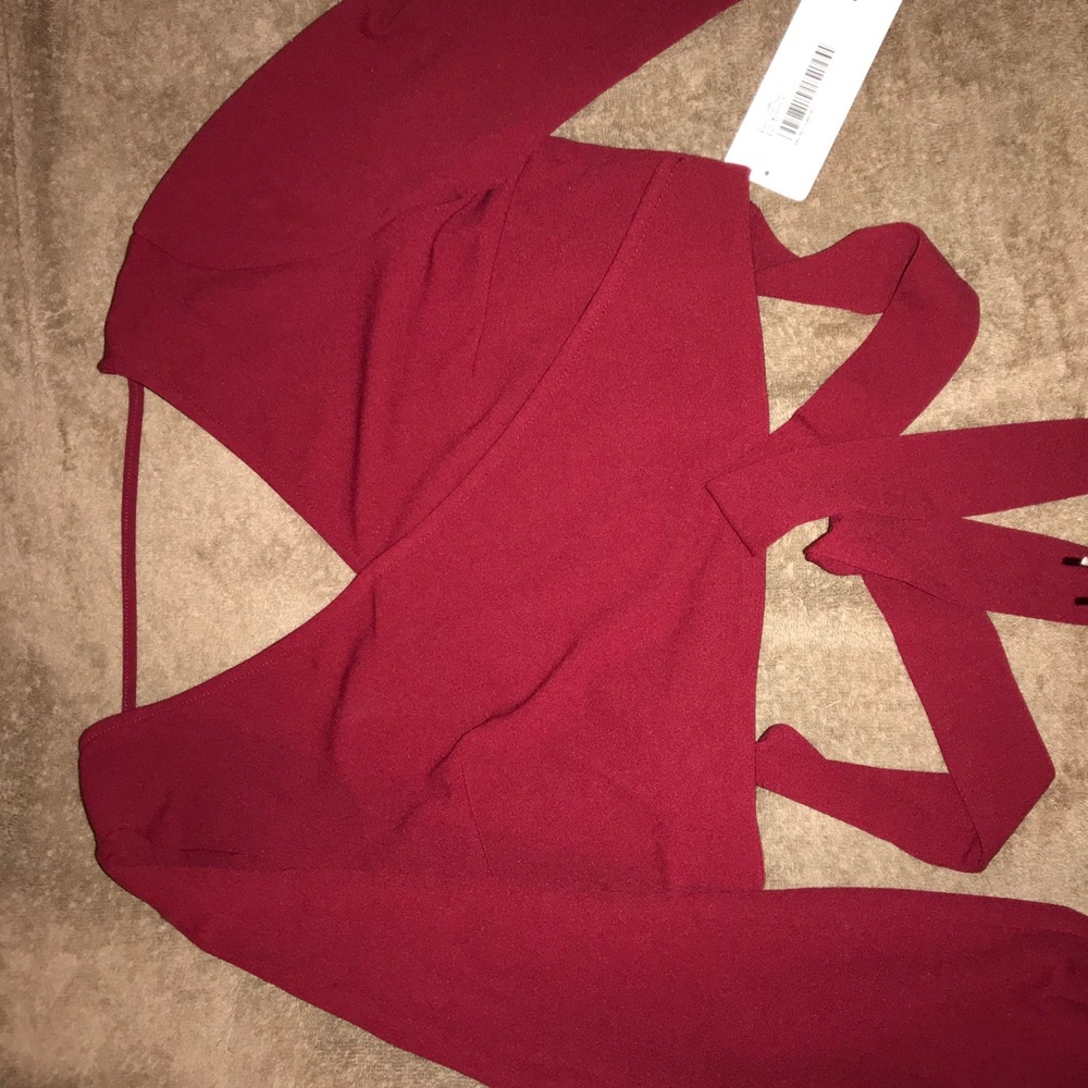 Burgundy long sleeve crop top shirt- open back.